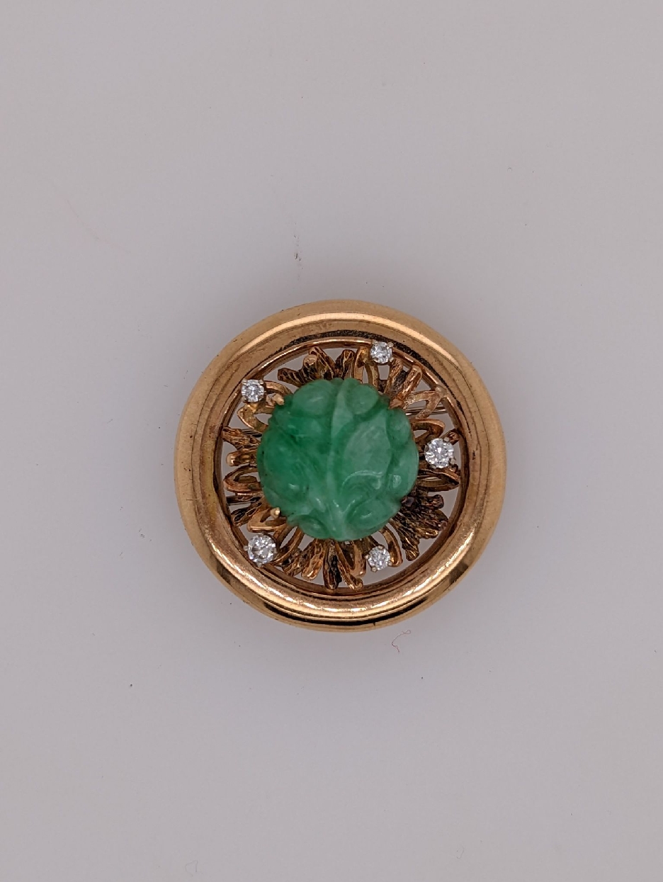 14K Yellow Gold Brooch with Carved Jade Center and Diamond Accents