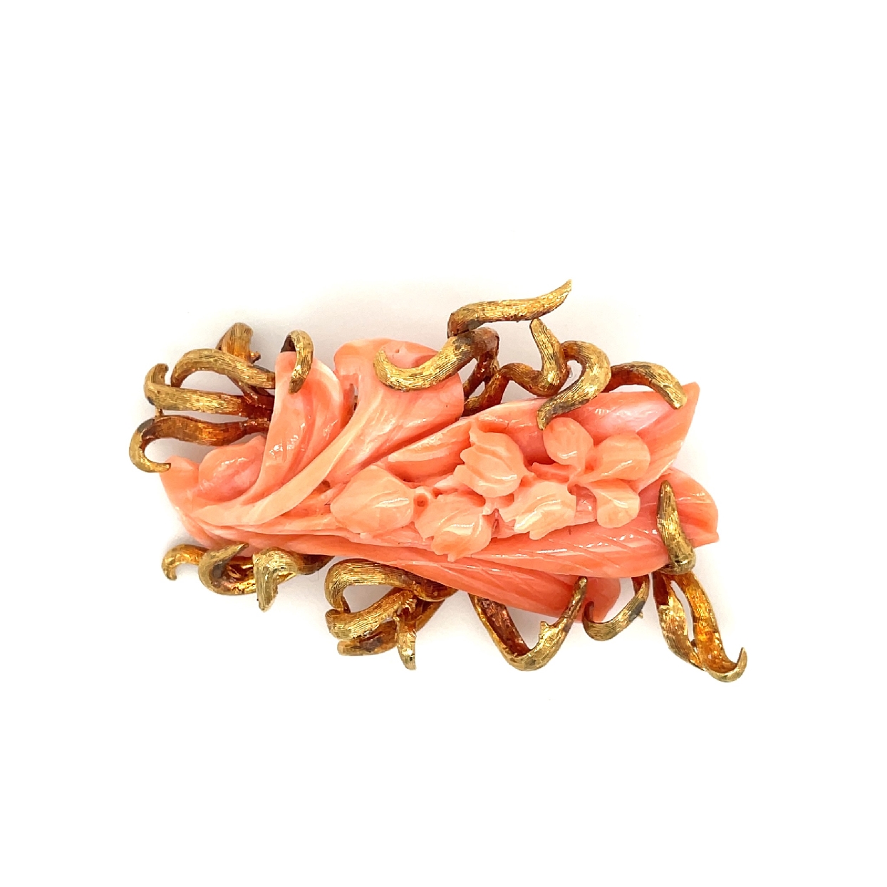 18k Coral Brooch with Floral Carving