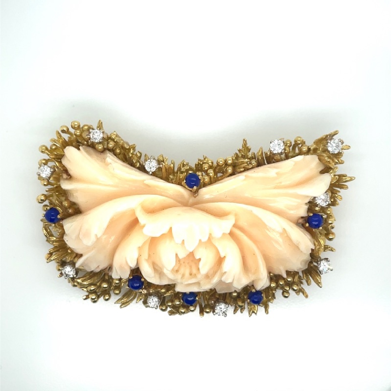 18K Yellow Gold Coral Broach with Lapis and Diamonds 