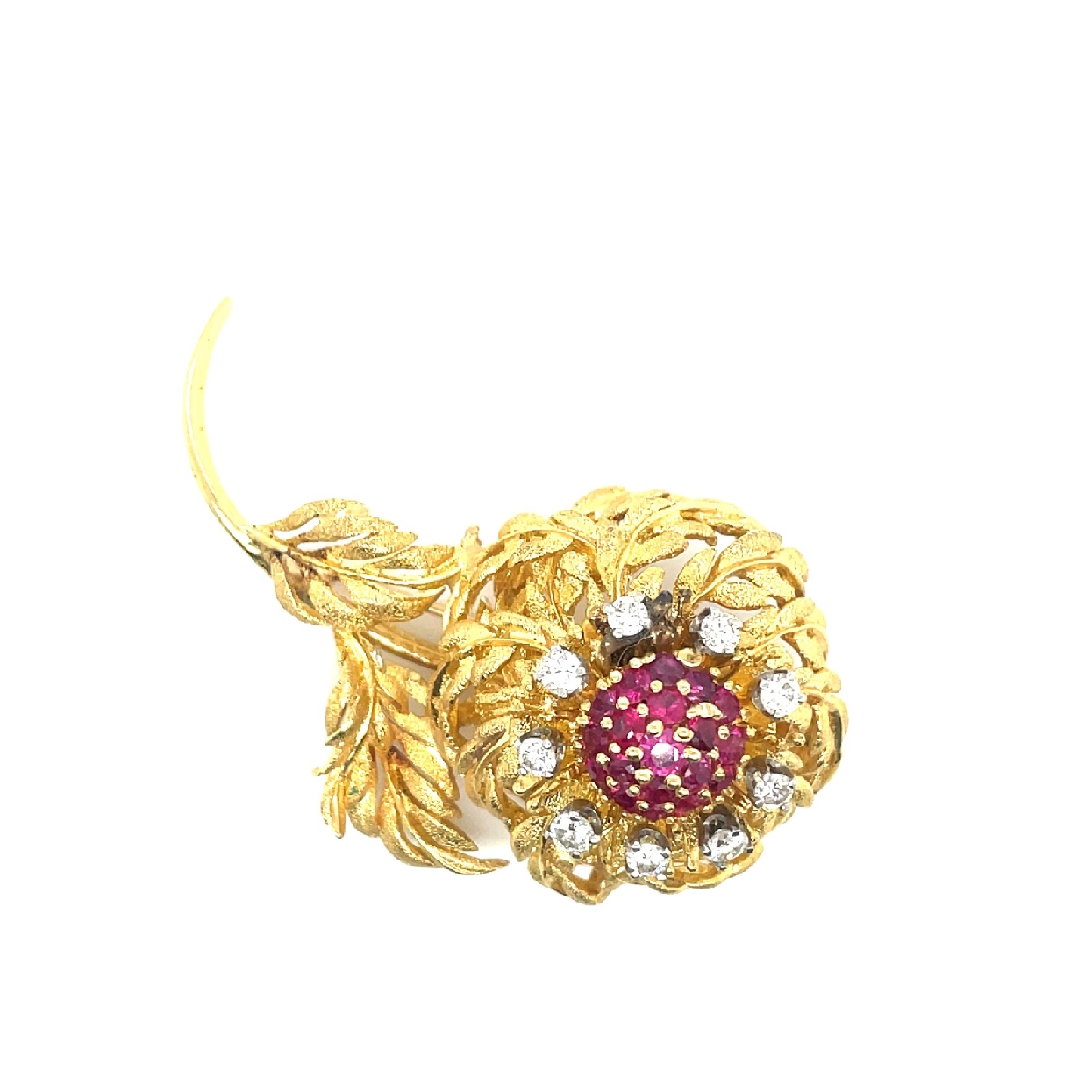 18K Yellow Gold Broach with Diamonds and Ruby Center