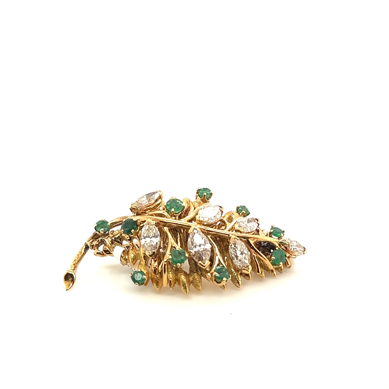 18K Yellow Gold Emerald and Marquis Diamond Brooch with Leaf Filigree