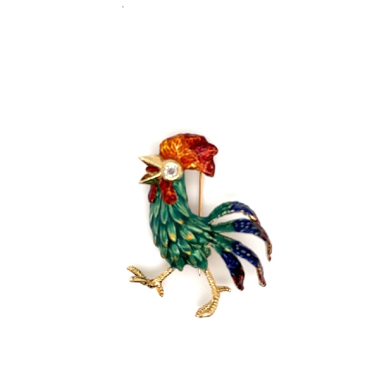14K Yellow Gold Enameled Bantam Rooster with Diamond Accent Pin 