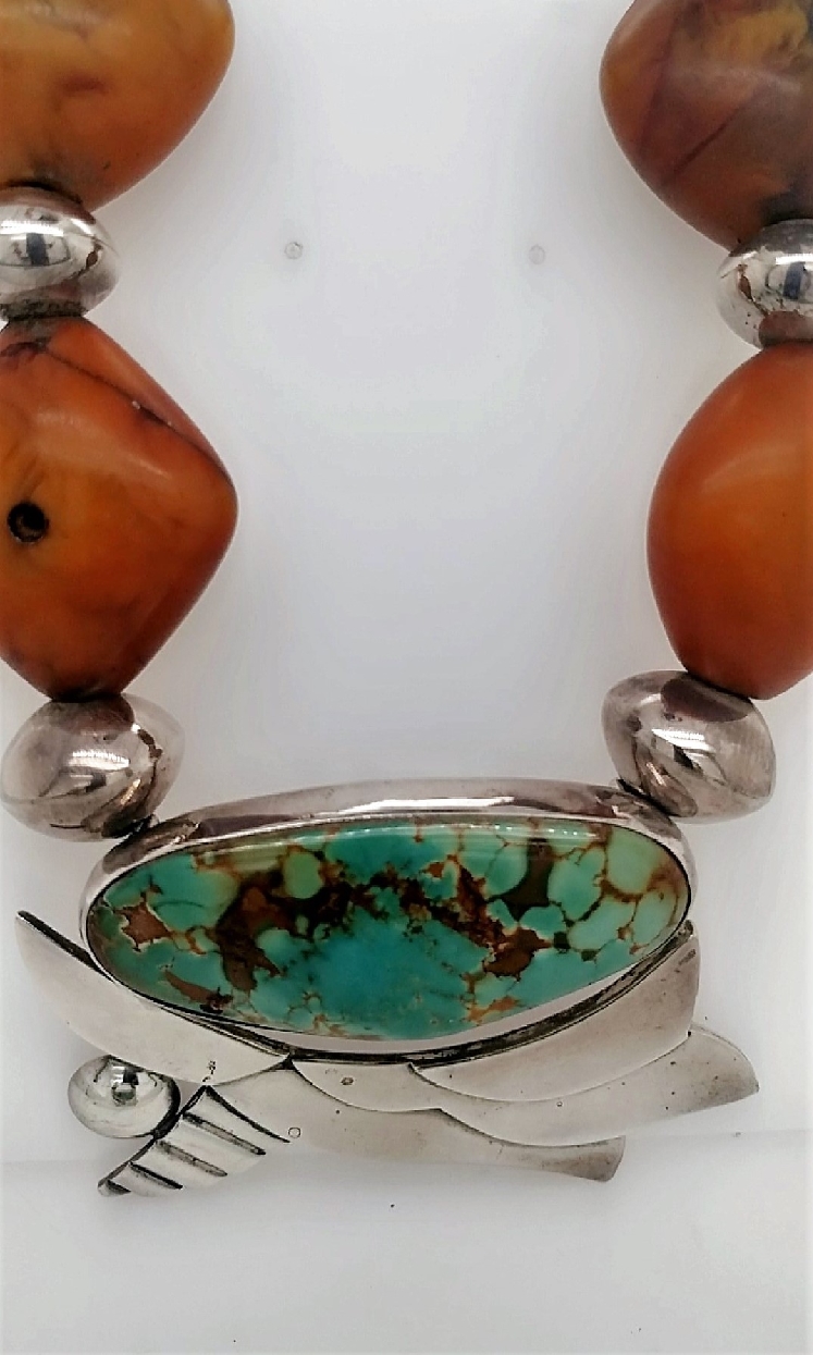 Southwestern Silver Necklace with Amber and Turquoise by Anne Forbes