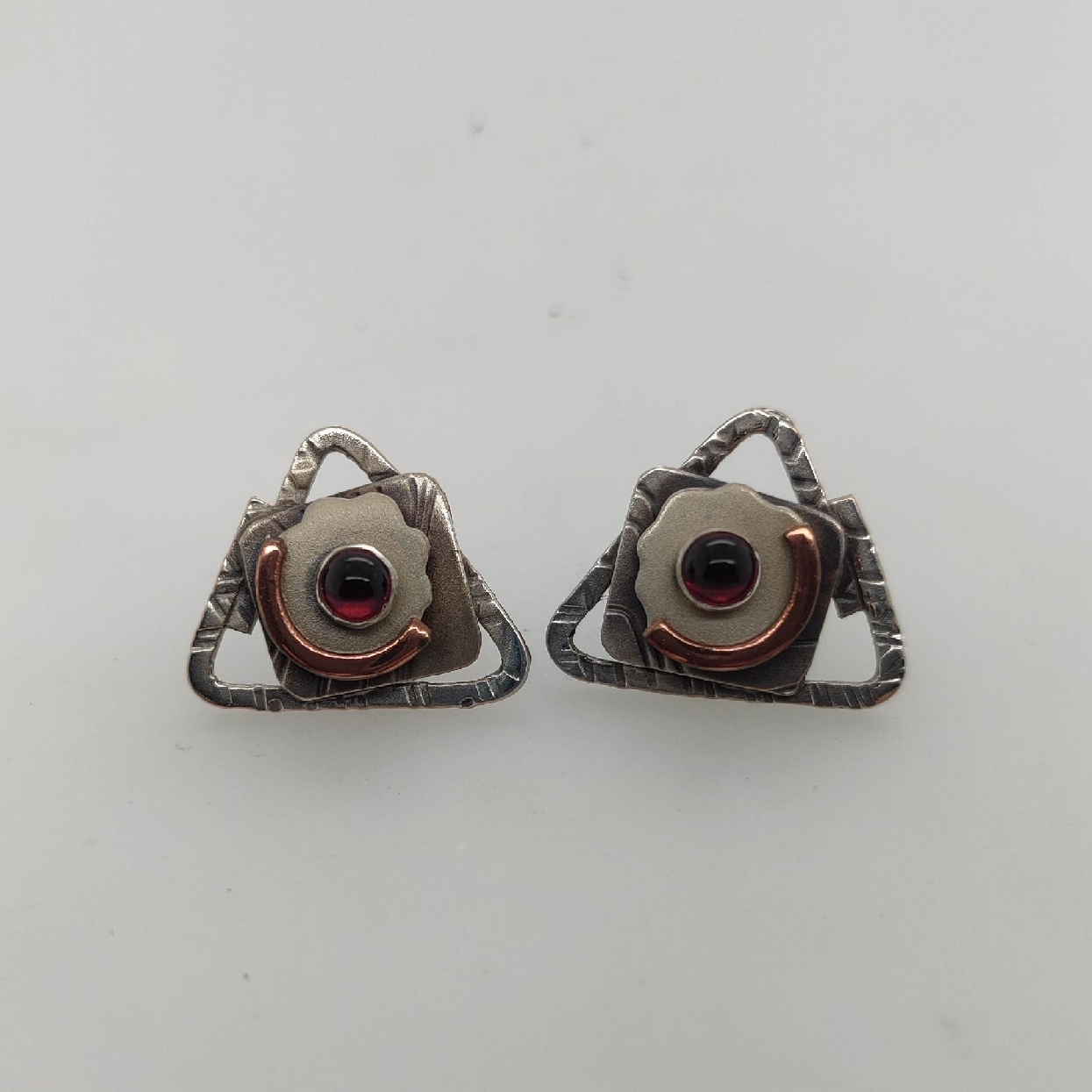 Sterling Silver Triangle Studs with Copper and Cabachon Cut Rhodiolite Garnet 