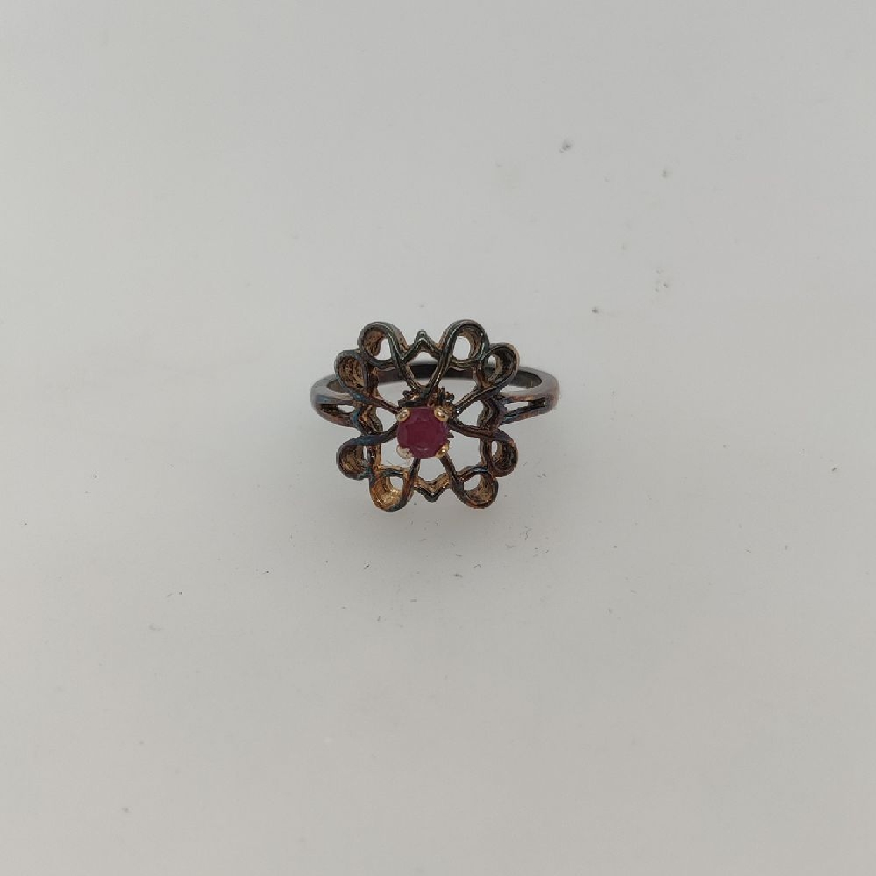 Sterling Silver Avon Ring with Filigree Detail and Ruby Stone Size 7.75