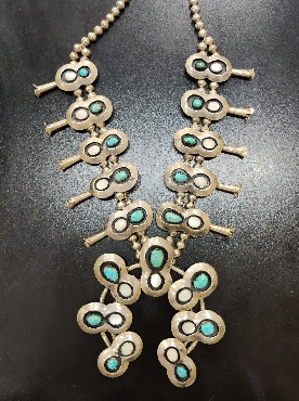Sterling Silver Vintage Navajo Squash Blossom Necklace with Turquoise and Mother of Pearl
Signed and Numbered by Emerson Castillo