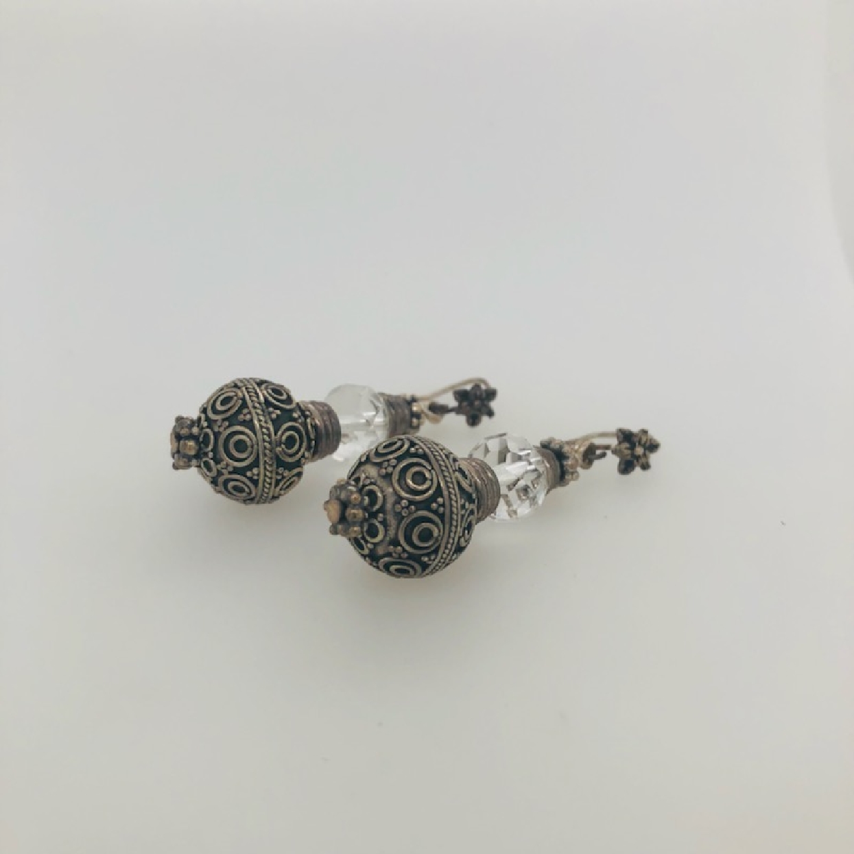 Stephen Dweck Sterling Silver Beaded Ornate Earrings with Crystal Accent 