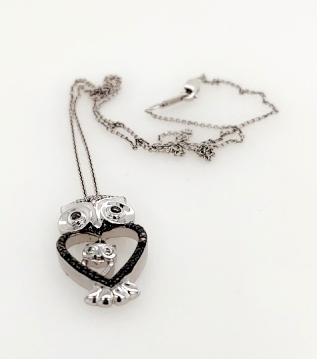 Sterling Silver Owl Pendant with Marcasite and Diamond on 18 Inch Chain