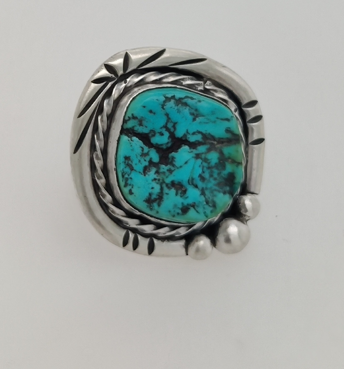 Sterling Silver Turquoise Ring with Halo Design and Bead Accents Size 5