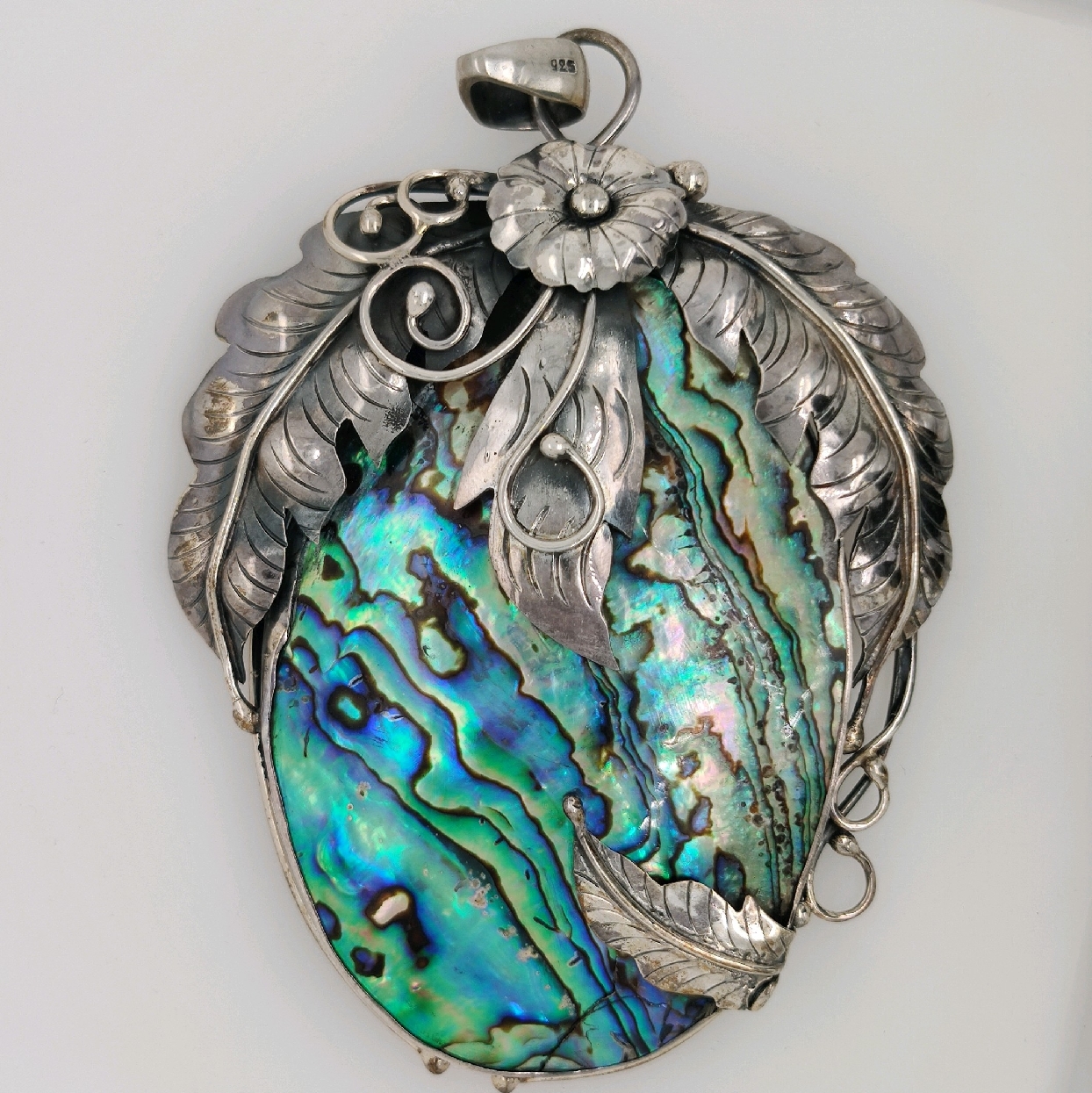 Large Sterling Silver and Abalone Pendant with Floral Motif 