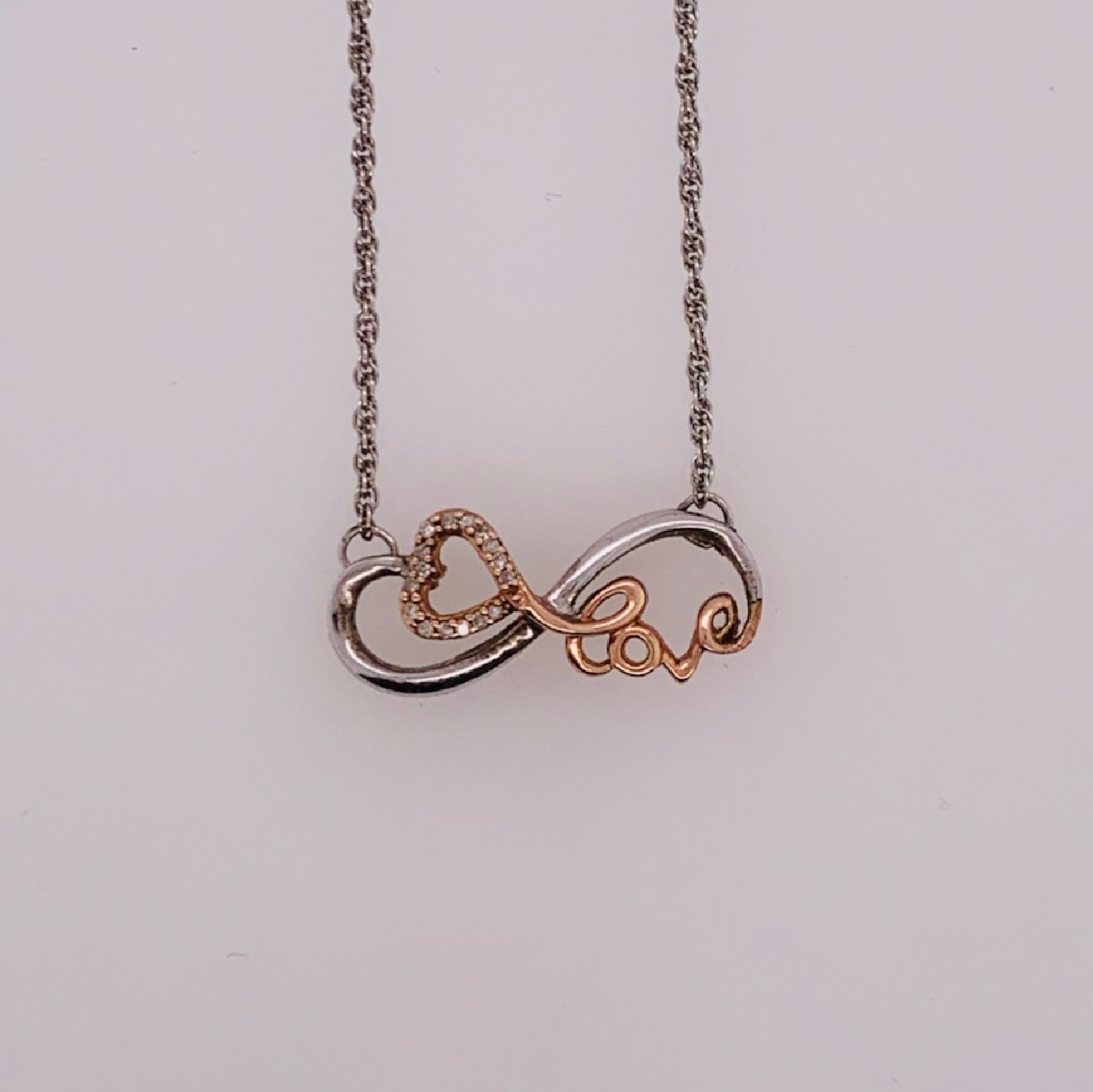 Sterling Silver and Rose Gold Plated Infinity Love Station Necklace with Diamond Accents on an 18 Inch Chain