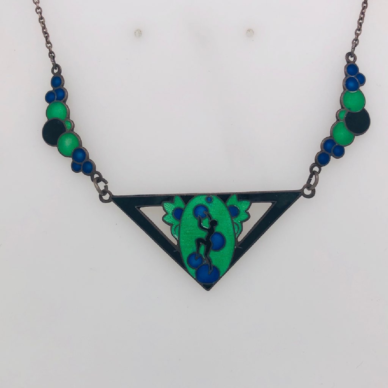 Sterling Silver Art Nouveau Revival Necklace with Blue; Green; and Black Enamel; 16 inches
