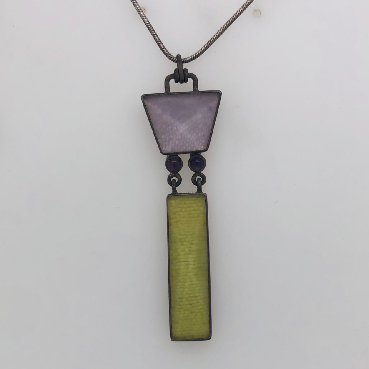 Sterling Silver Modern Geometric Necklace with Glass and Cabachon Cut Amethyst; 16 inches