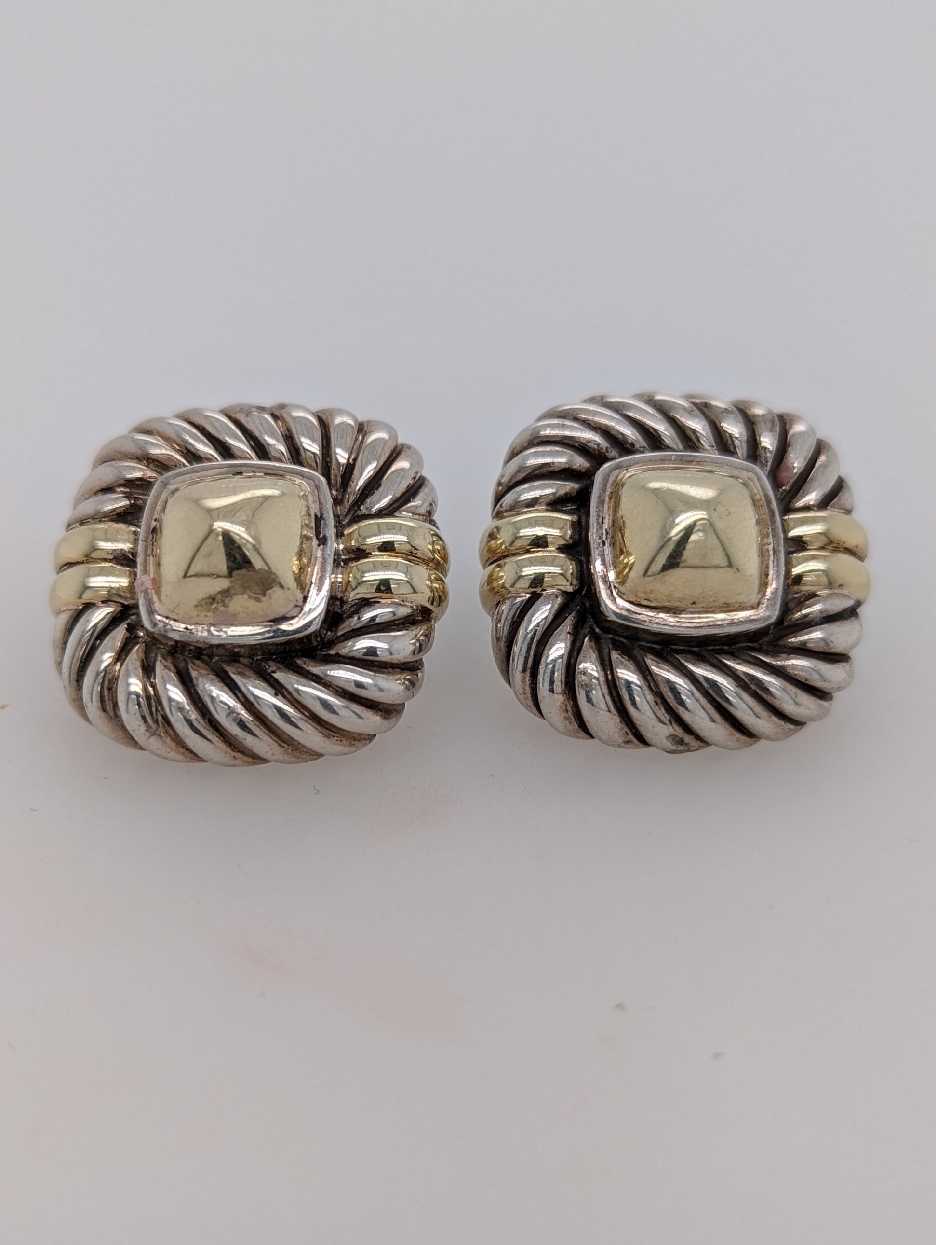 David Yurman Sterling Silver and 14K Yellow Gold Vintage Cable Dome Earrings with Omega Backs
