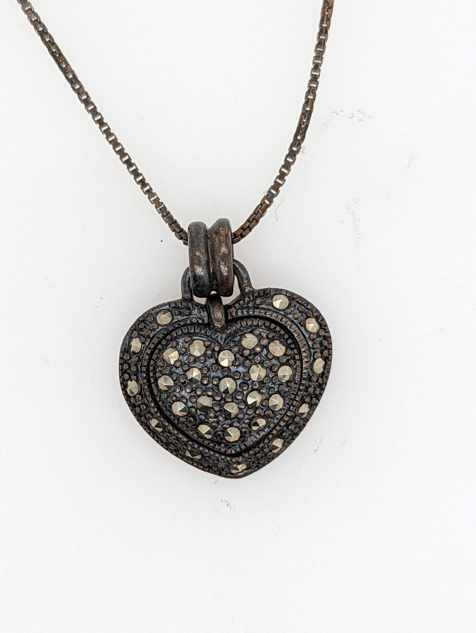 Vintage Thai Sterling Silver and Marcasite Double Heart Pendant on an 18 inch Box Chain