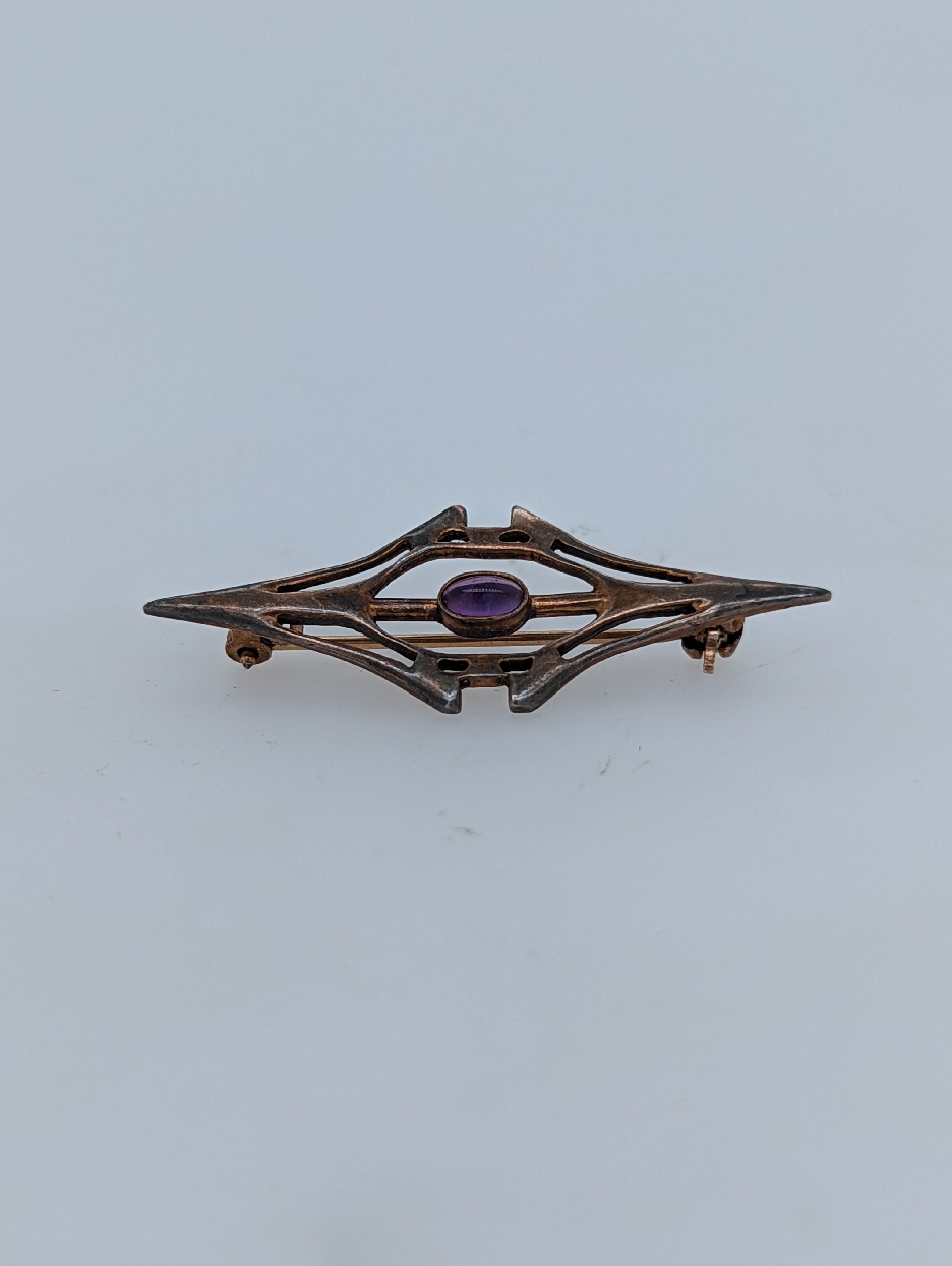 Art Nouveau Gold Filled over Sterling Silver Pin with Cabachon Cut Amethyst