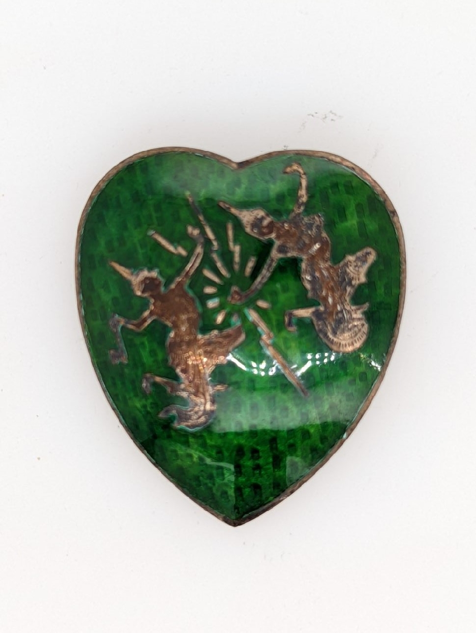 Siam Sterling Heart Shaped Green Enameled Brooch