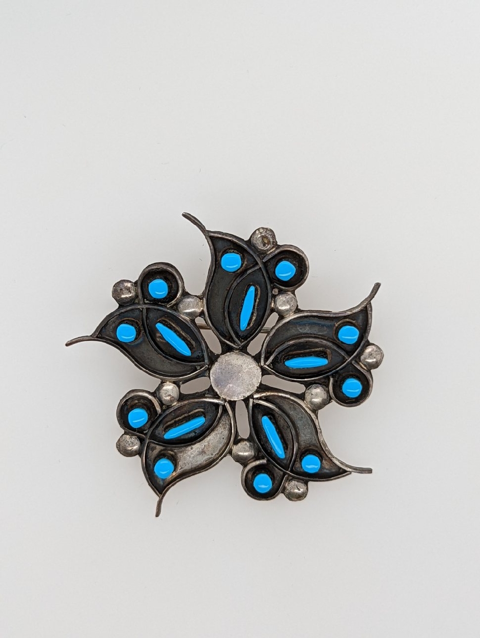Southwestern Sterling Floral Pin/Pendant with Sleeping Beauty Turquoise Accents