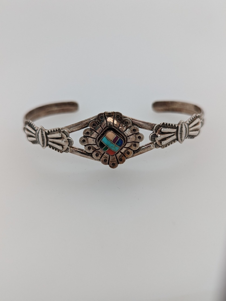 Zuni Sterling Silver Concho Inlay Cuff Bracelet with Lapis; Coral; Onyx; Malachite; Spiny Oyster; and Onyx; Signed QT