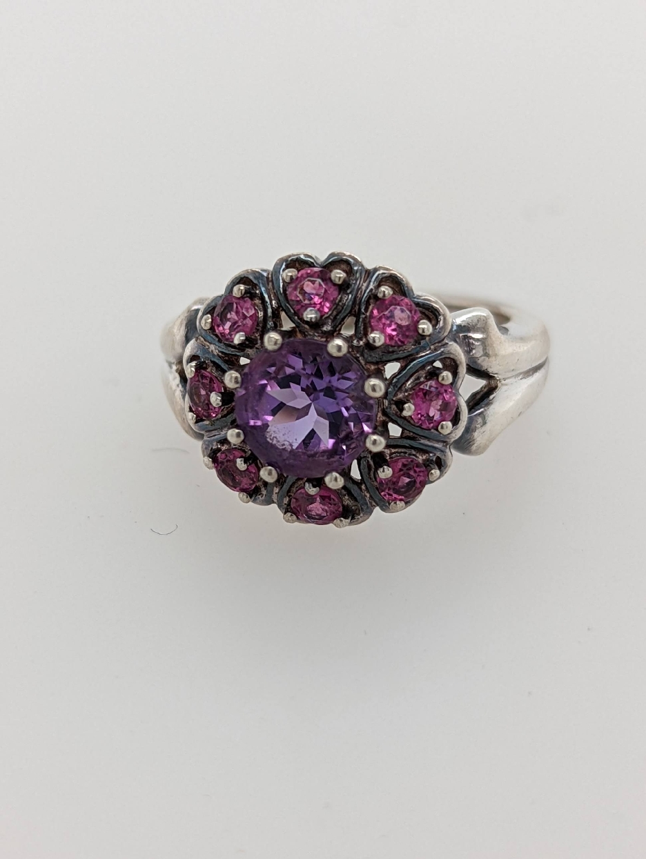 Sterling Silver Amethyst and Pink Stone Cluster Ring Size 6