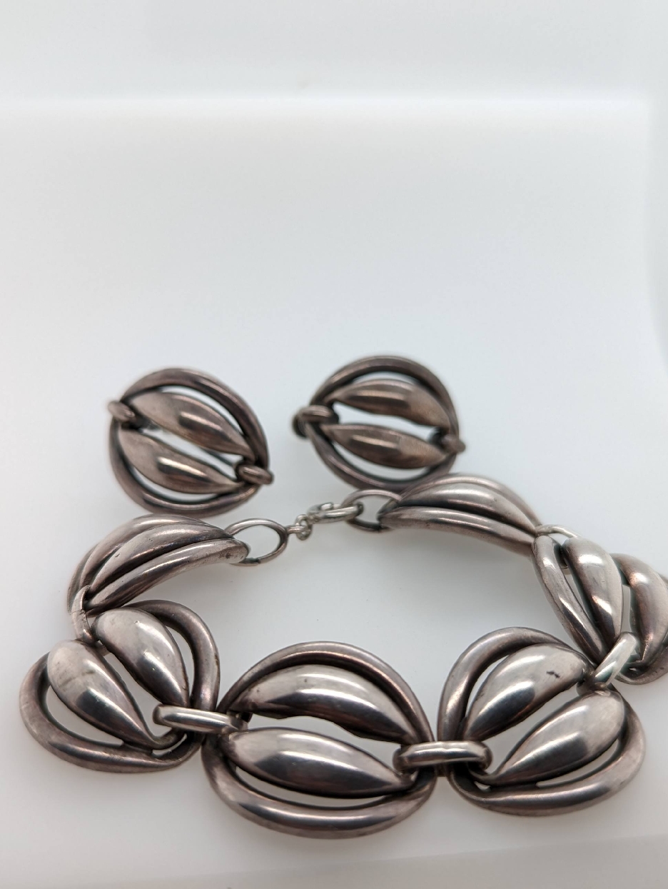 Sterling Silver Mid-Century Danish Link Bracelet and Earring Set