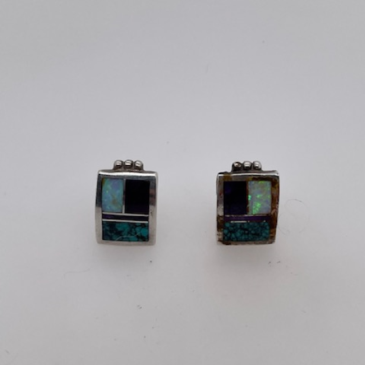 Sterling Silver David Rosales Stuf Earrings w/ Opal; Amethyst; + Turquoise Inlay 