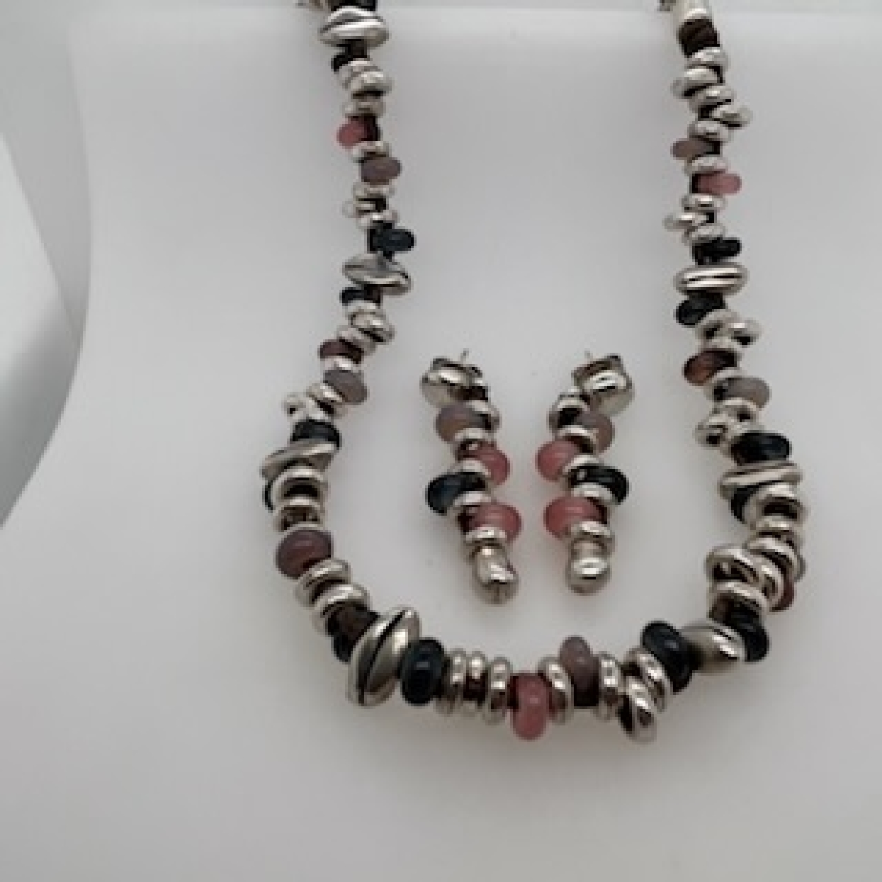 Sterling Silver Uno de 50 Beaded Nec/ Earing Set with Gemstone + Silver Beads on Leather Cord 