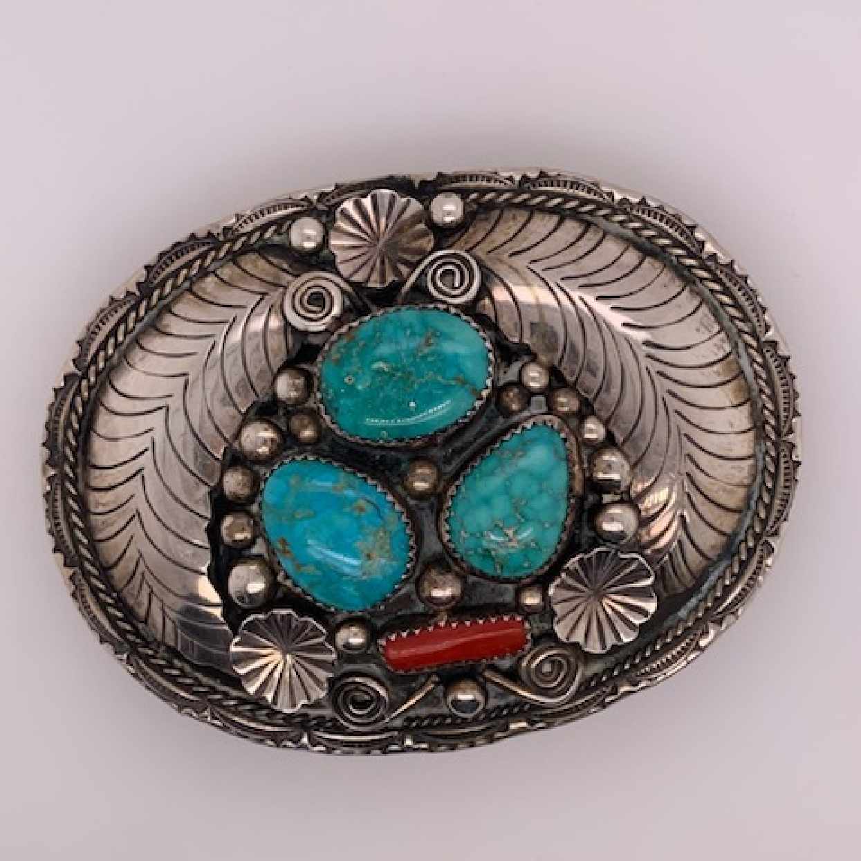 Sterling Silver Floral Navajo Signed Turquoise and Coral Belt Buckle