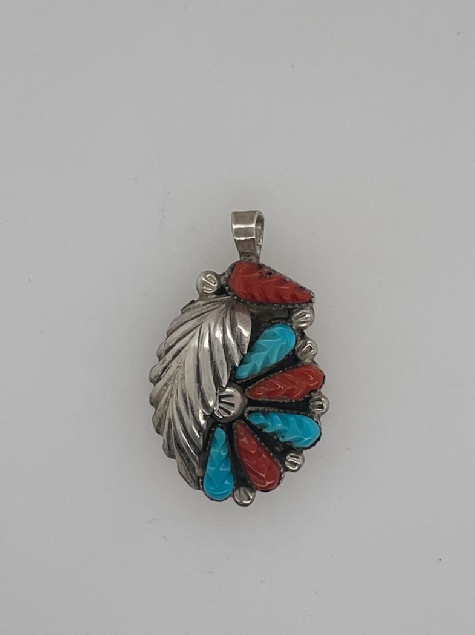 Small Floral Coral and Turquoise Pendant with Silver Leaf Design
RE Zuni