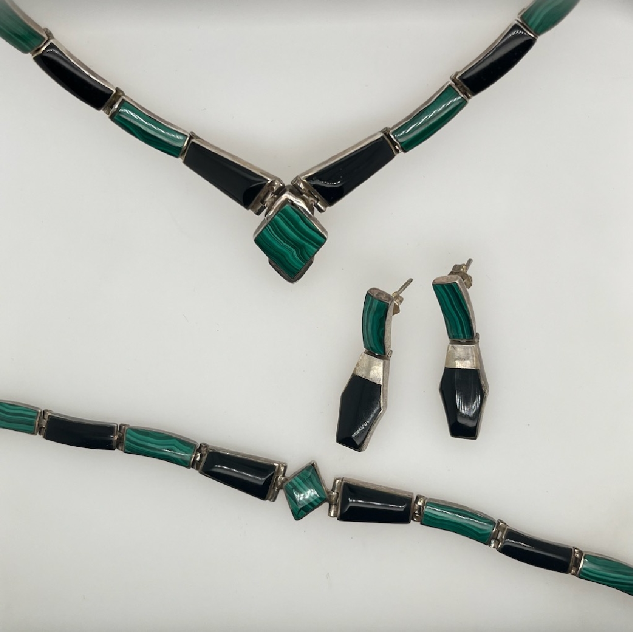 950 Silver Necklace; Earring; and Bracelet Set with Malachite and Onyx Inlay 