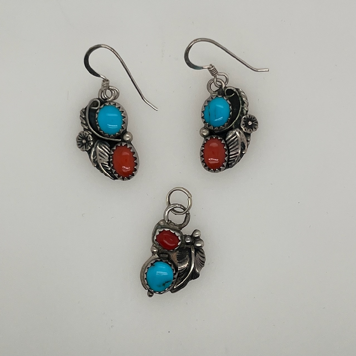 Sterling Silver Navajo Necklace and Earring Set with Bezel Set Turquoise and Coral. Stamped with Makers Mark PH