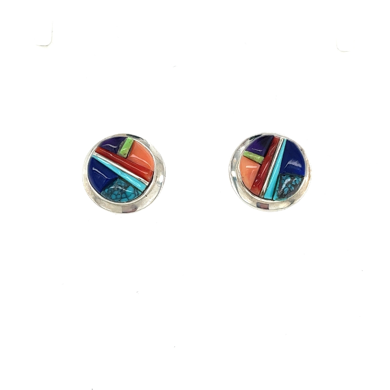 Sterling Silver Signed David Rosales Stud Earrings with Multi Stone Moaisc Pattern made up of Sleeping Beauty and Tibetan Turquoise; Angelskin and Mediteranean Coral; Gaspeite; and Sugilite 