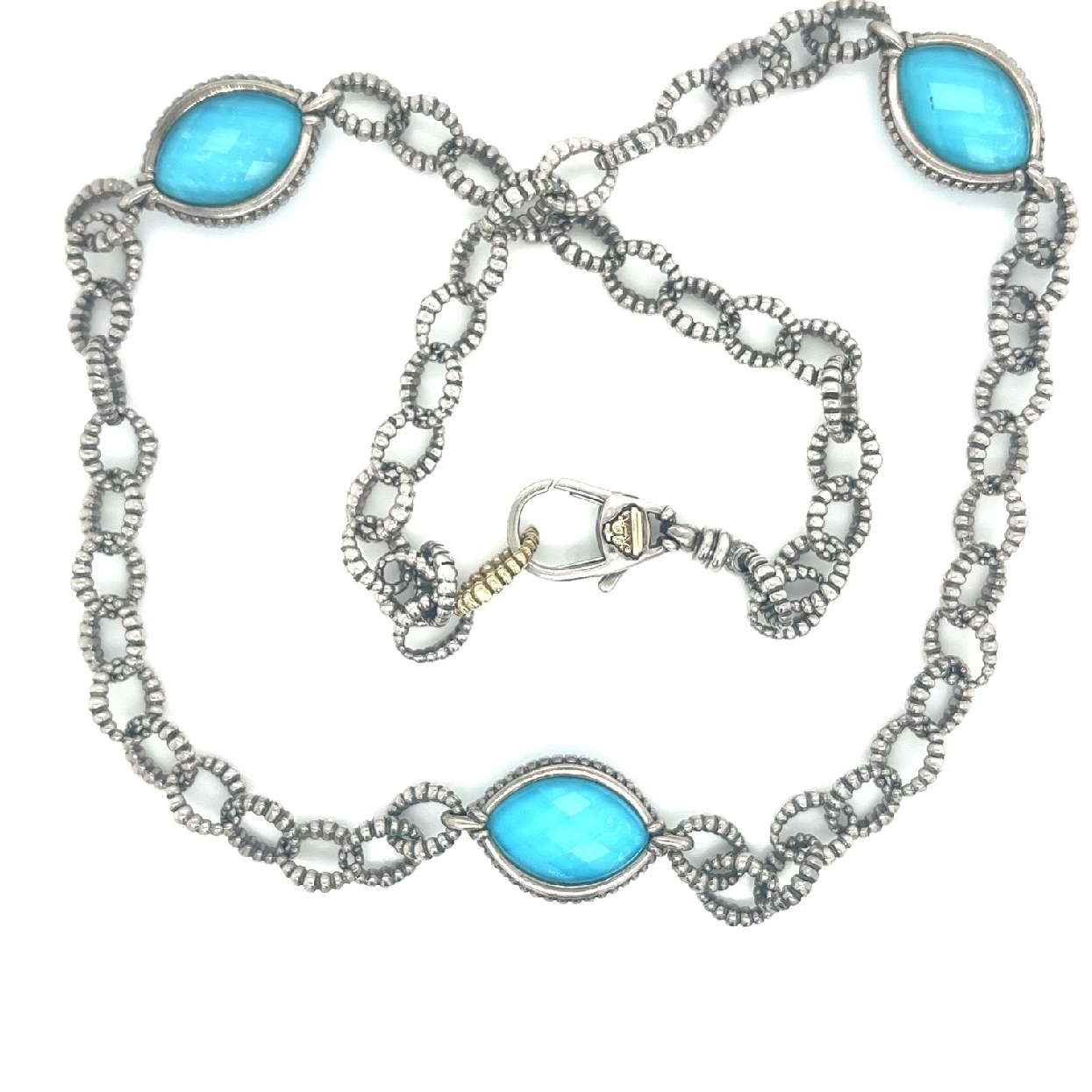 Lagos Cavier Venus Sterling Silver and 18k Gold Turquoise and Quartz Doublet Necklace