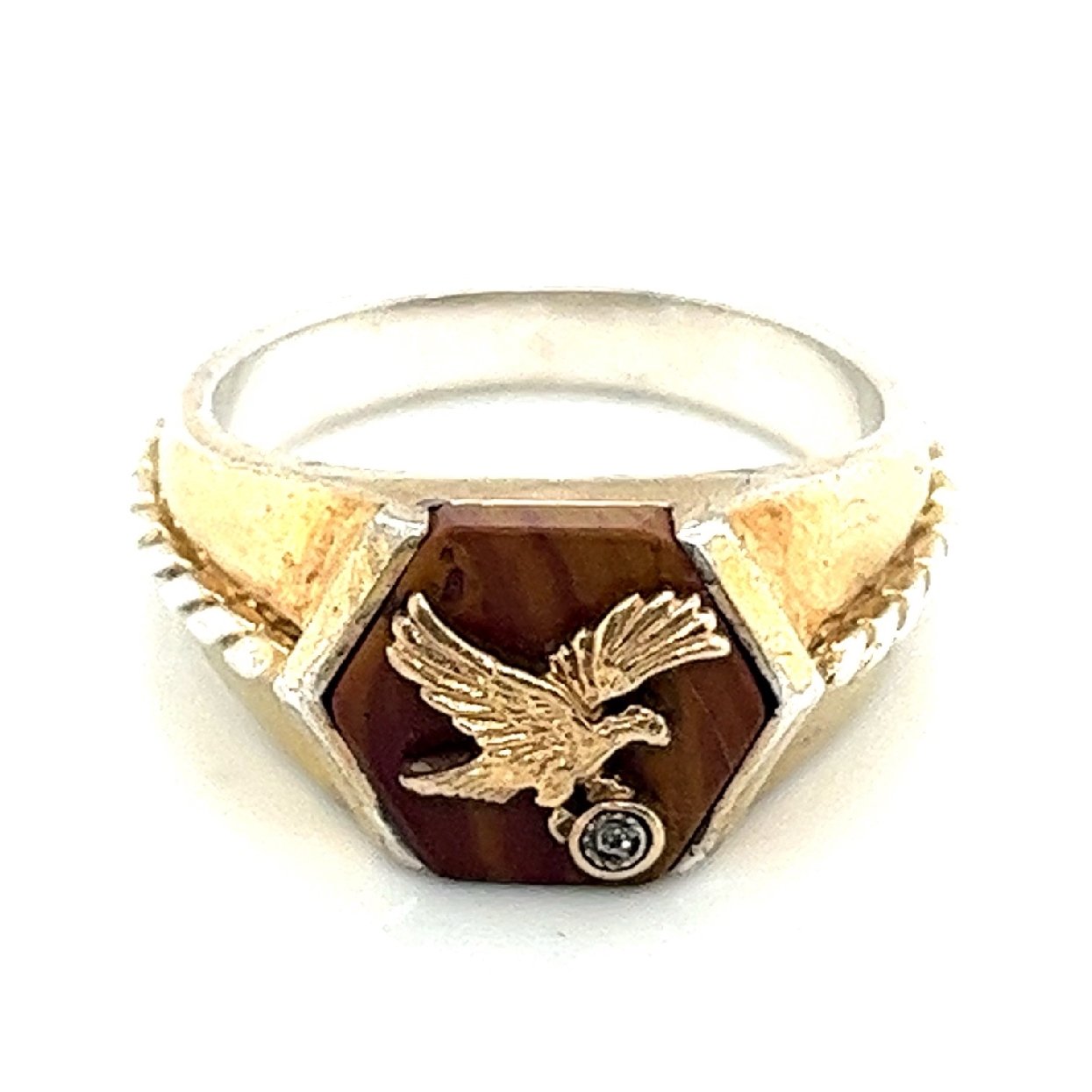 10K Yellow Gold and Sterling Silver Eagle on Agate Ring with Diamond Accent Size 14 