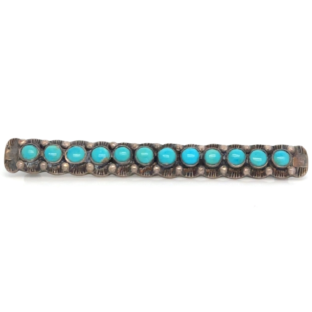 Vintage Sterling Silver Round Turquoise Cabochon Bar Pin

