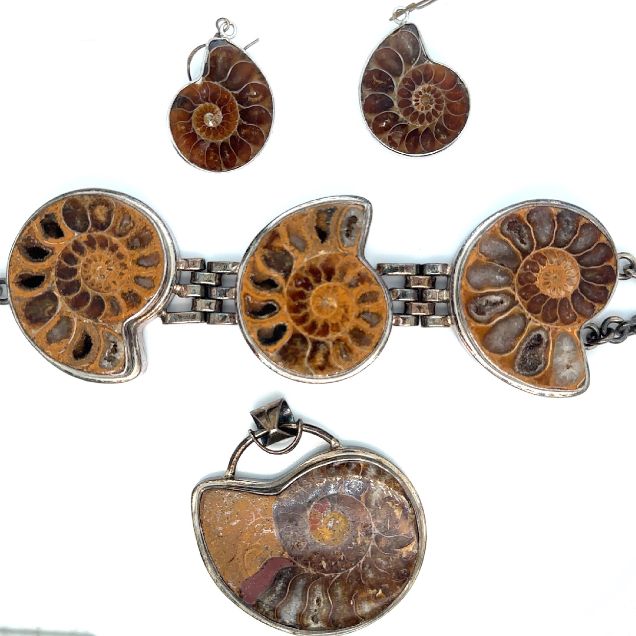 Fossil Ammolite Set of Bracelet; Earrings; and Pendant 