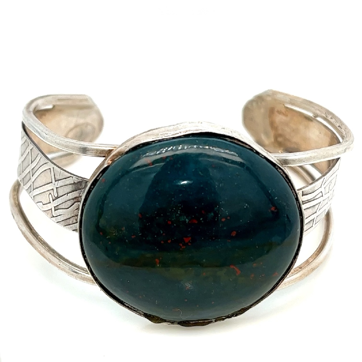 Sterling Silver Cuff with Circular Bezel Set Bloodstone and Stamped Pattern on middle Band 