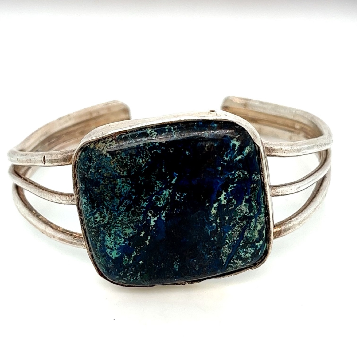 Sterling Silver Cuff with Rectangular Bezel Set Turquoise Composite and Three Bands on Cuff 