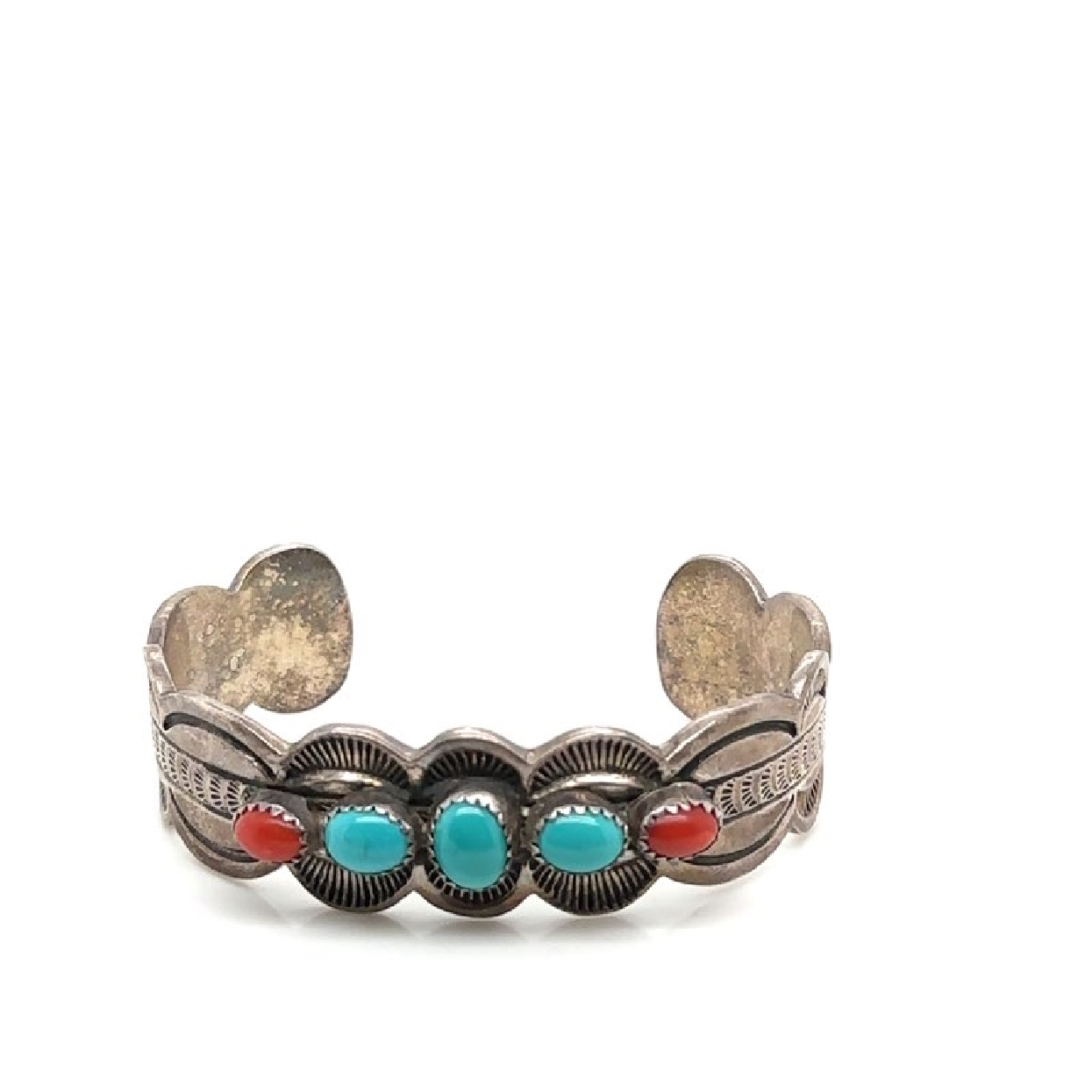 Sterling Silver Navajo Turquoise and Coral Bracelet 