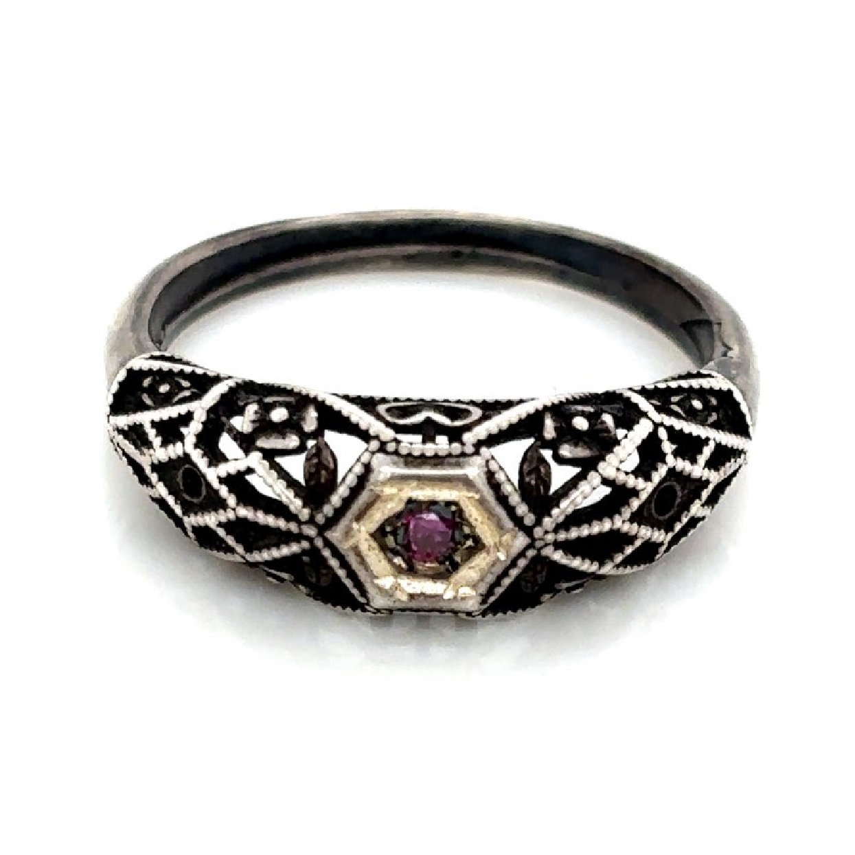 Victorian Sterling Silver Pink Diamond Ring with Filigree Details

Size 6.75