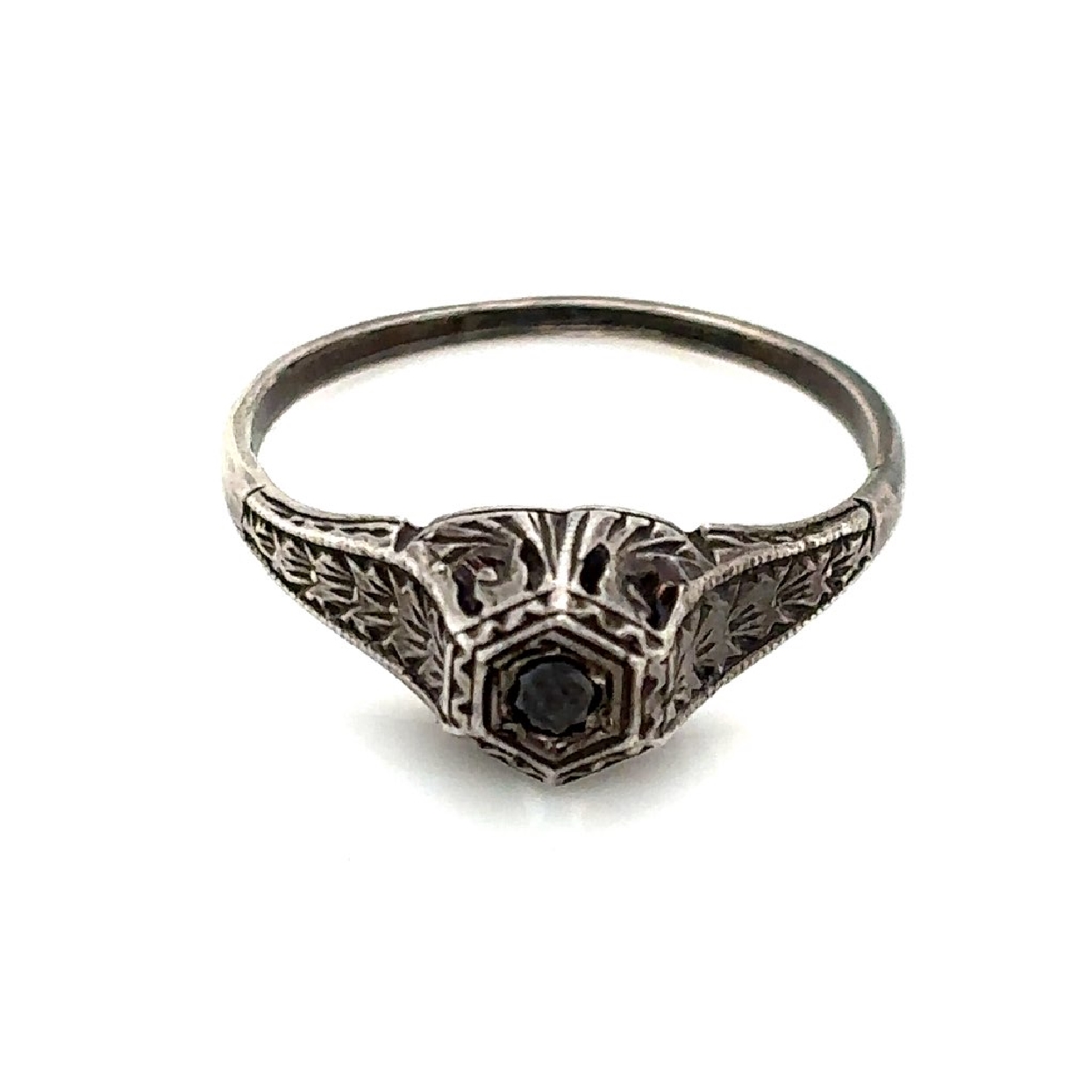 Victorian Sterling Silver Black Diamond Ring with Filigree Details

Size 6.25 