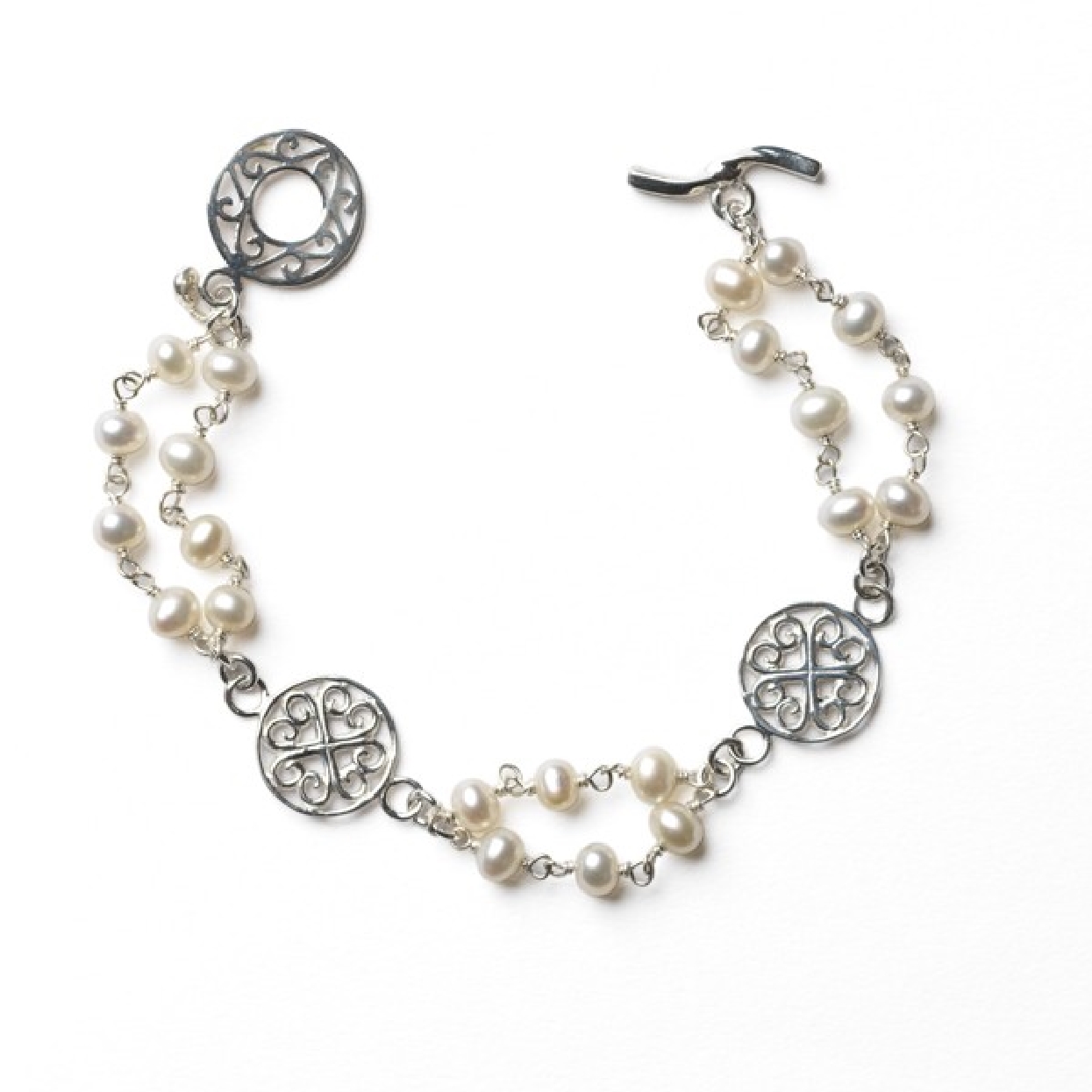 Southern Gates Sterling Silver and Double Pearl Strand Bracelet with Toggle Clasp

7.5 Inches in Length