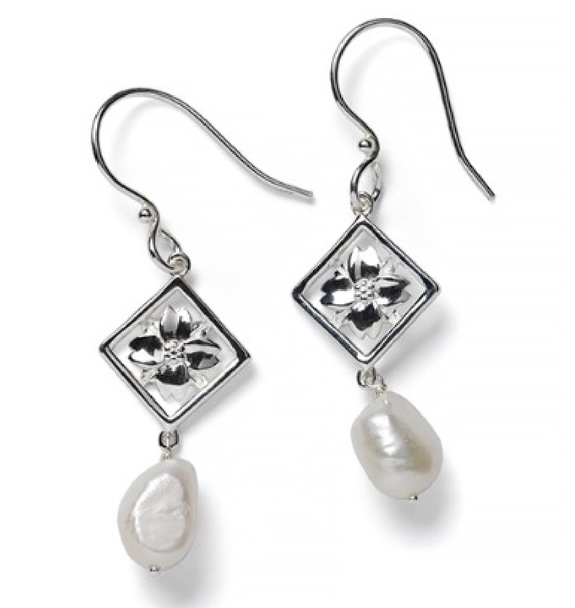 Southern Gates Sterling Silver Courtyard Series Dogwood Dangle Earrings with Baroque Pearl Drops

E746
