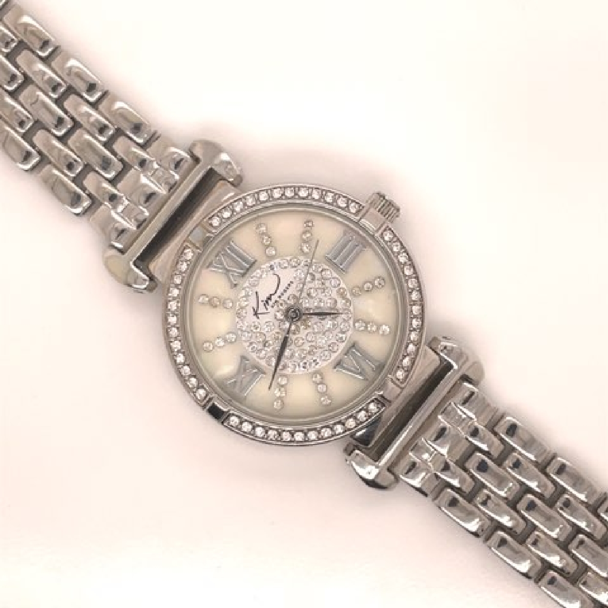 Kim Rogers Stainless Steel Watch with Mother-of-Pearl and Rhinestone Face