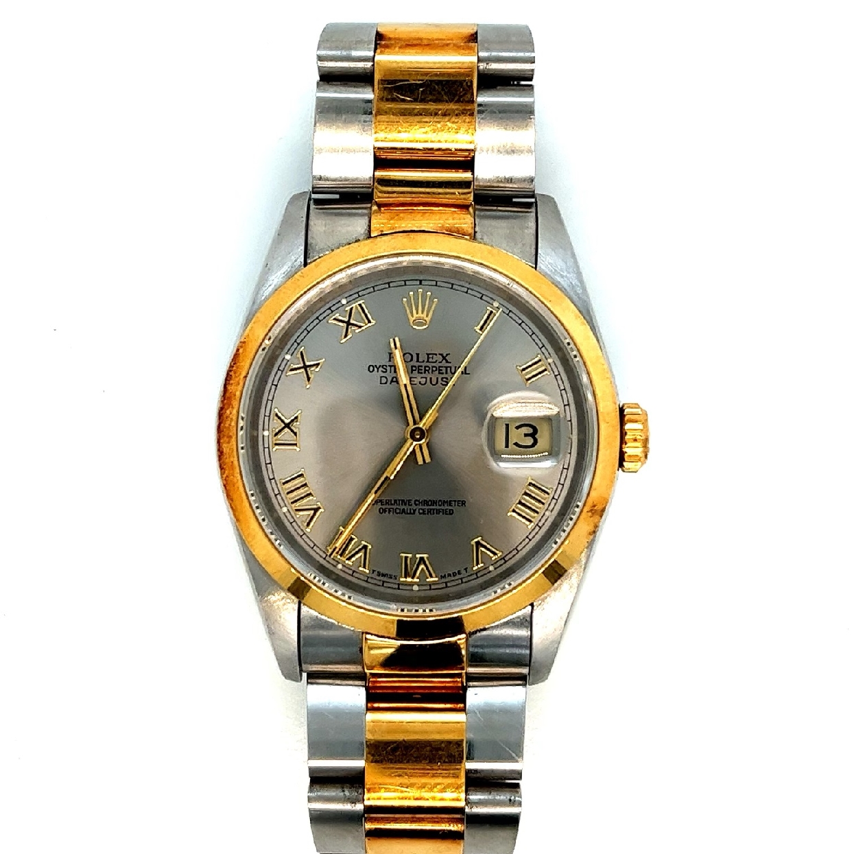 1995 Rhodium Roman Stainless Steel and 18K Yellow Gold Rolex Oyster Perpetual Datejust with Machine Turned Bezel. 

Just Serviced

31 J
Oyster Bracelet

Reference# 16203
Serial# W443161