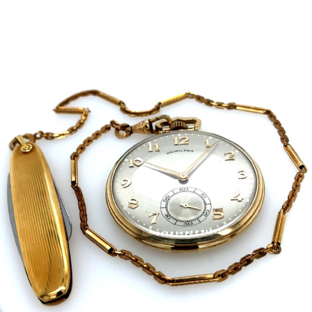 Hamilton 10K Gold Filled Pocket Watch with Chain and Pocket Knife Fob
In Original Box
