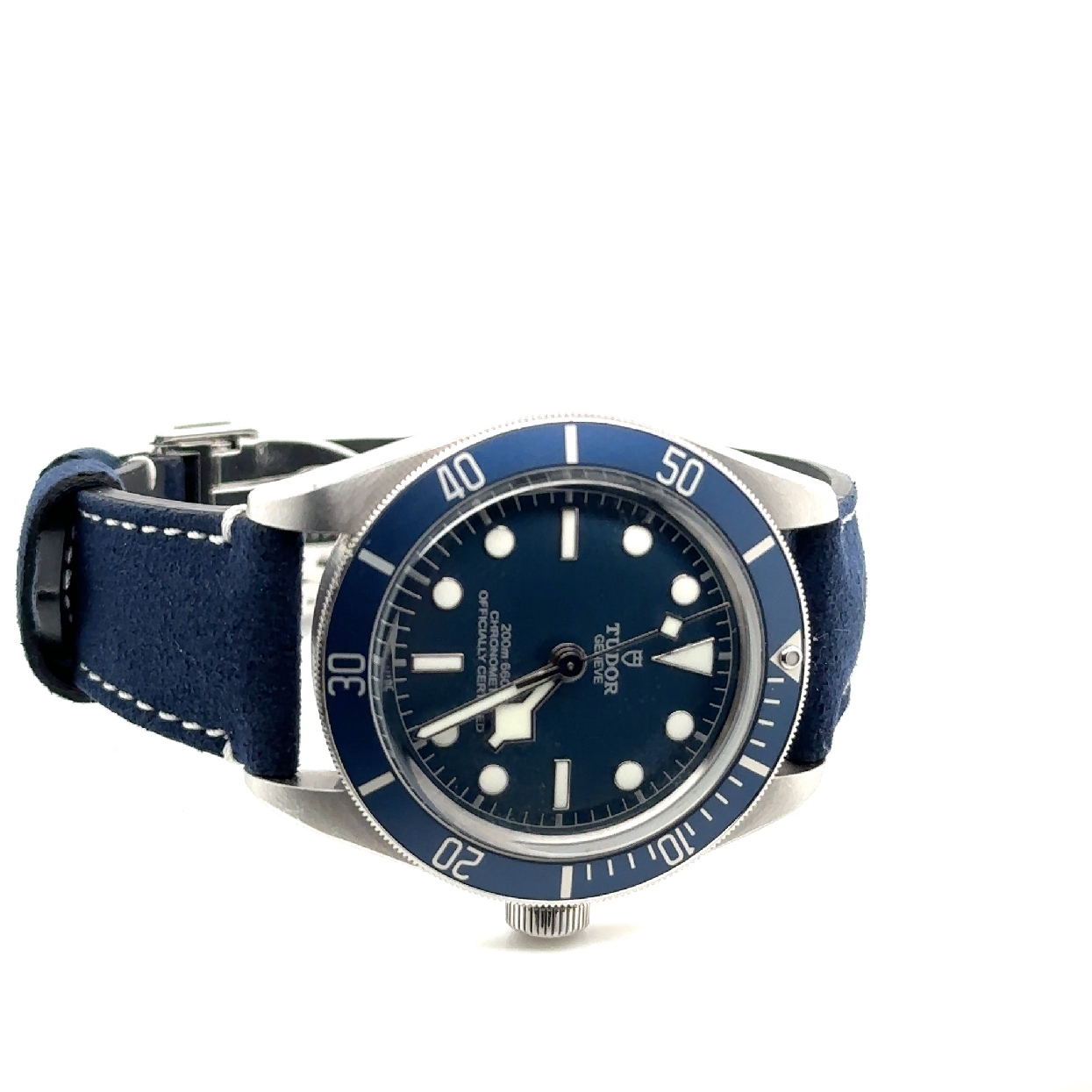 Tudor Geneve 200m/600ft Chronometer Watch with Blue Dial; Watch Face and Suede Band with Box and Papers

Serial Number: 926U913
Model Number: 79030B

