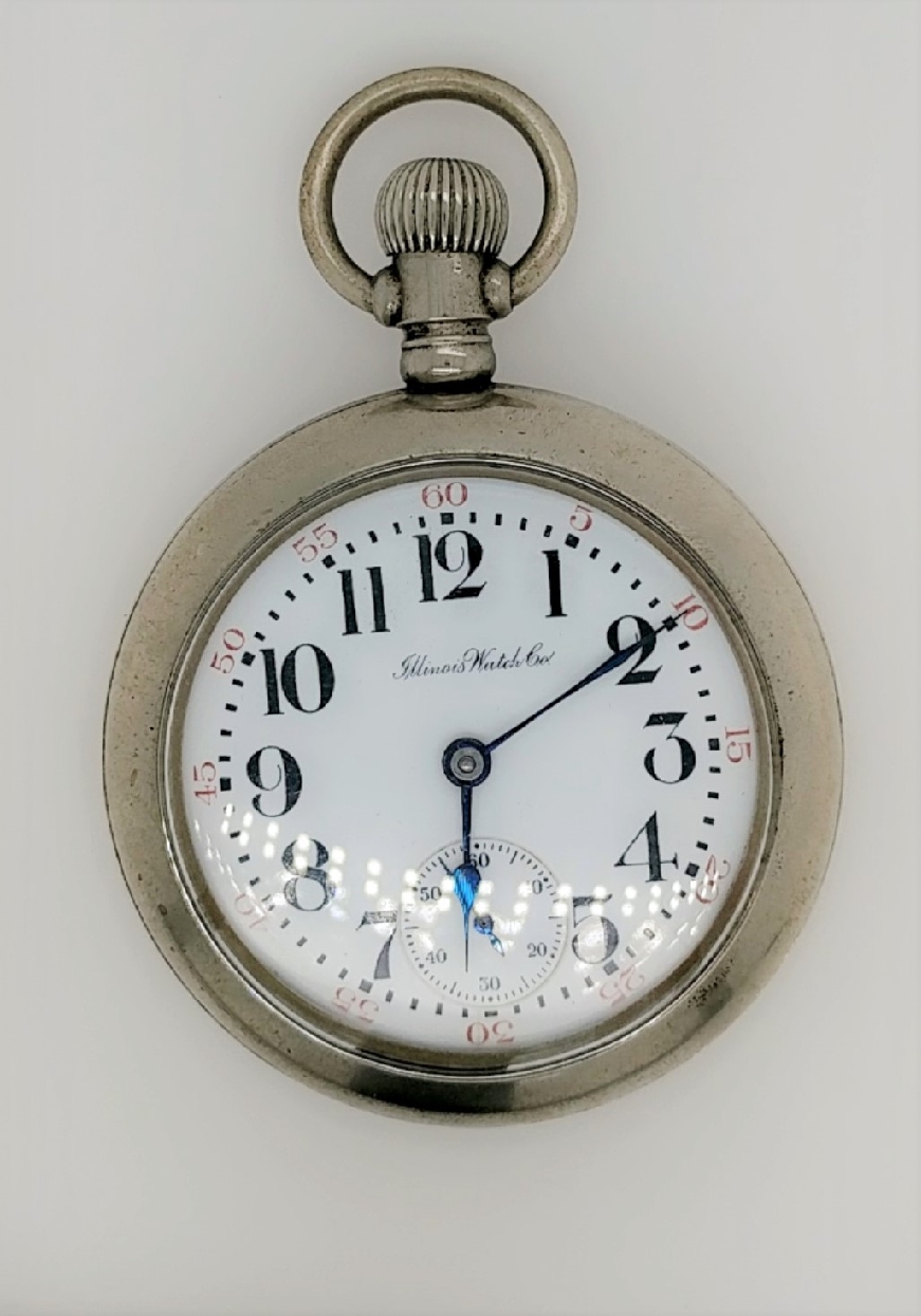 Illinois pocketwatch c. 1917; openface config.; nickel finish; lever setting; 18s; 17j; railroad grade