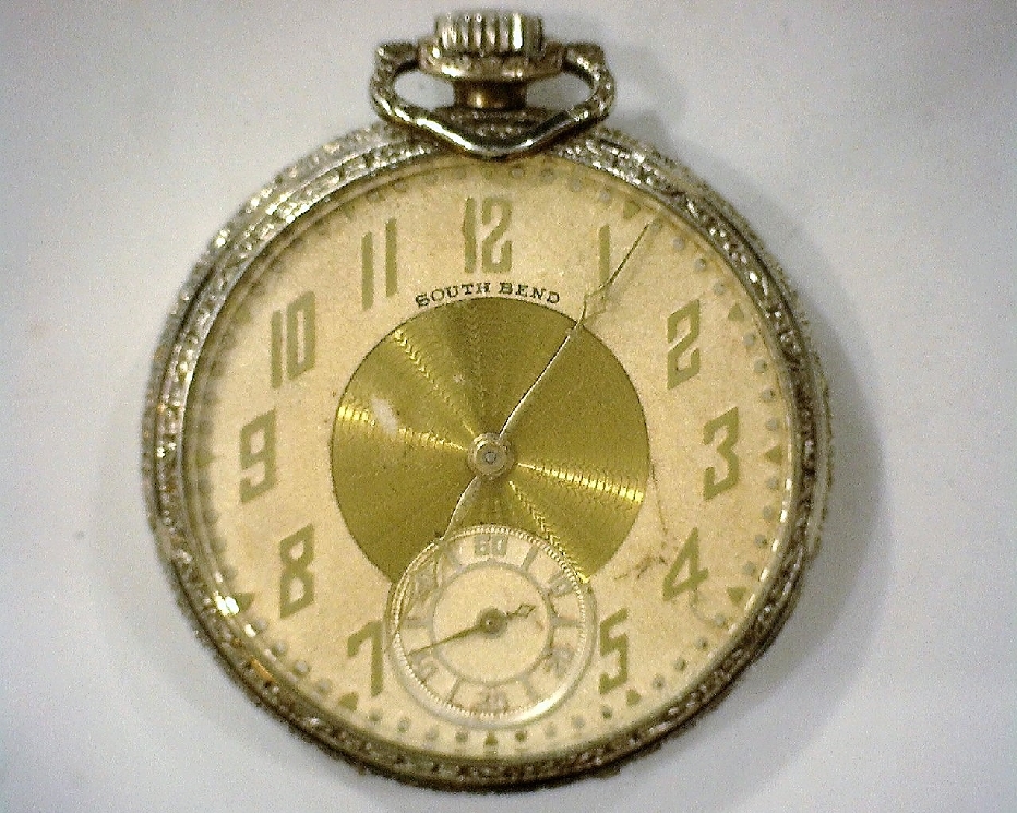 Southbend 14k white gold filled Pocketwatch with engraved detail
Studebaker Model
12S/21J
Circa 1928
No SN given

Serviced 10/2021