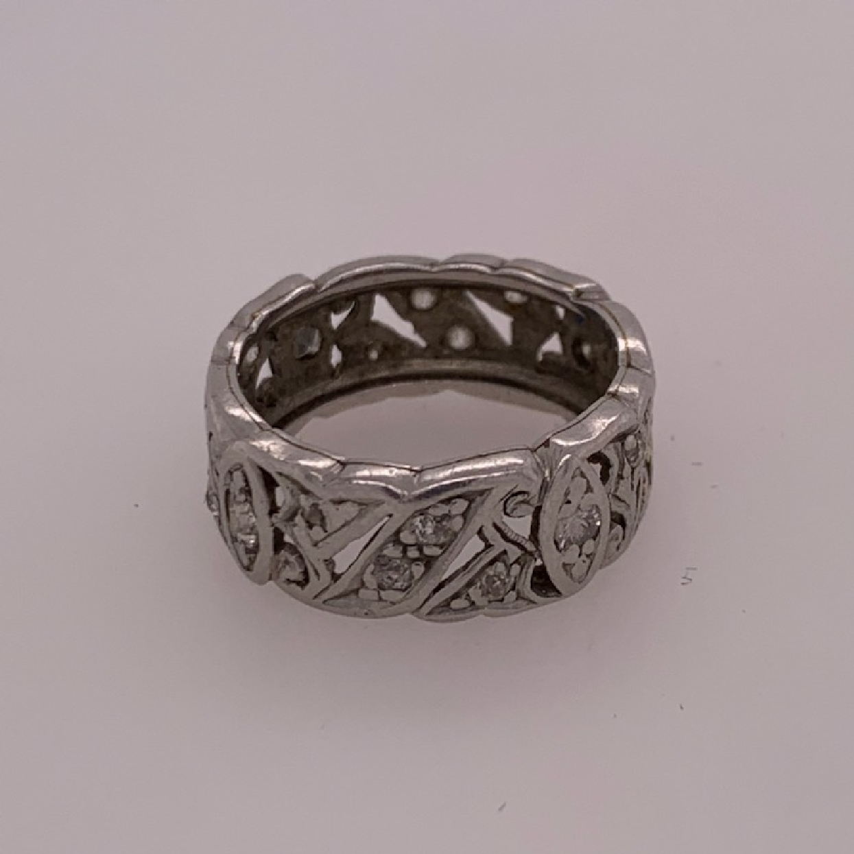 18k White Gold Floral Openwork Wide Diamond Eternity Band Size 4.5